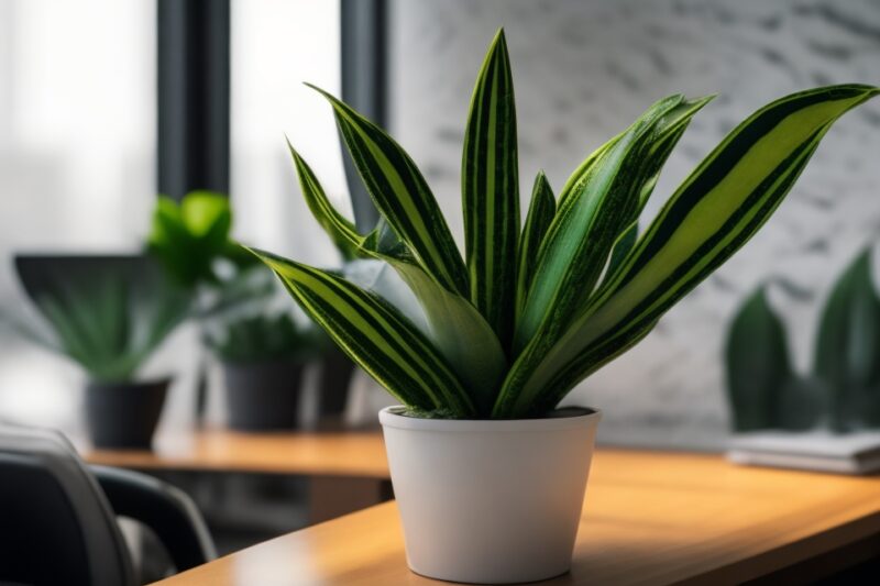 In diesem Bild sehen wir eine erfrischende Grünlilie im Büro. Die Pflanze mit ihren bogenförmigen grünen Blättern belebt den Raum und schafft eine angenehme Arbeitsatmosphäre. 