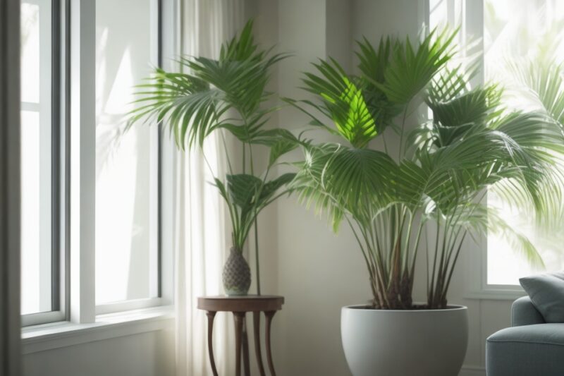 Pflanzen für das Metallelement. Das Bild zeigt eine Schusterpalme als elegantes Highlight im Wohnzimmer. Stolz thront sie neben einem Fenster und fängt das sanfte Tageslicht ein