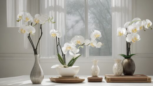 Das Bild zeigt eine bezaubernde Szene in einem Wohnzimmer, in dem eine weiße Orchidee das Metallelement im Feng Shui repräsentiert. Die Orchidee ist in einem eleganten Keramiktopf platziert und zieht alle Blicke auf sich