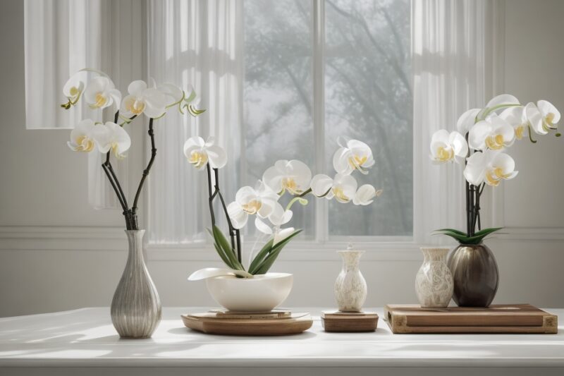Das Bild zeigt eine bezaubernde Szene in einem Wohnzimmer, in dem eine weiße Orchidee das Metallelement im Feng Shui repräsentiert. Die Orchidee ist in einem eleganten Keramiktopf platziert und zieht alle Blicke auf sich