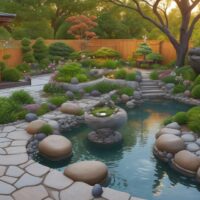 Ein harmonisch gestalteter Feng Shui Garten mit einem kleinen Teich, umgeben von sorgfältig platzierten Steinen und einer Vielfalt an Pflanzen, die eine Atmosphäre der Ruhe und Ausgeglichenheit erzeugen.