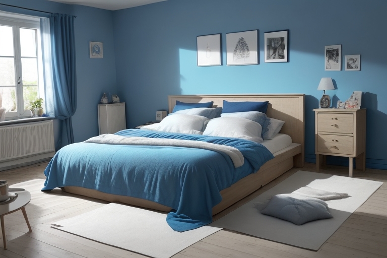 Ein Schlafzimmer in beruhigenden Blau- und Weißtönen mit einem hellblau gestrichenen Raum (Feng Shui Farben)