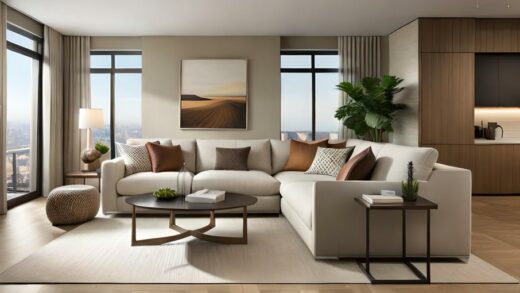Ein Wohnzimmer in warmen Erdtönen mit beigefarbenen Wänden (Feng Shui Farben), braunem Sofa und Kissen sowie einem Teppich mit geometrischem Muster.