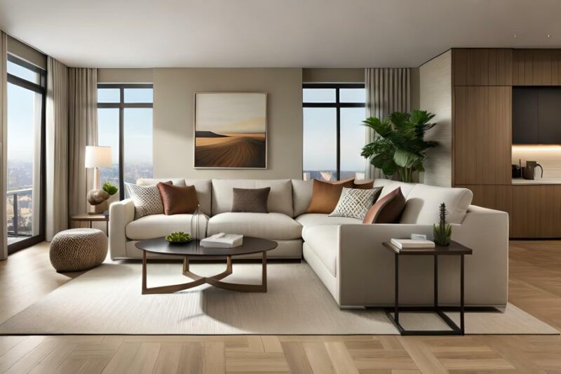  Ein Wohnzimmer in warmen Erdtönen mit beigefarbenen Wänden (Feng Shui Farben), braunem Sofa und Kissen sowie einem Teppich mit geometrischem Muster.