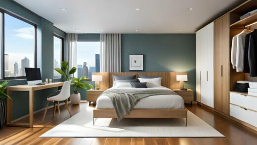 Ruhiges Schlafzimmer mit Feng Shui Schlafrichtung nach Osten für Energie und Ruhe.