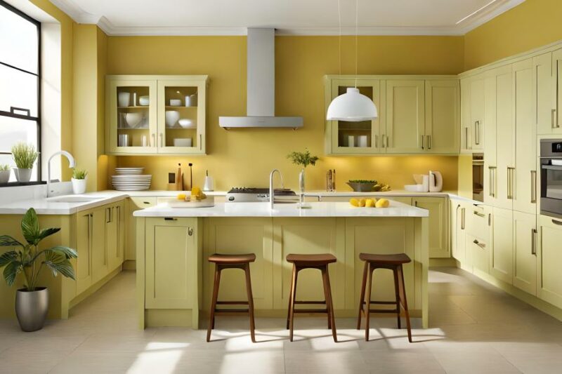 Eine Küche in lebendigen Gelbtönen (Feng Shui Farben) mit gelben Wänden, cremefarbenen Küchenschränken