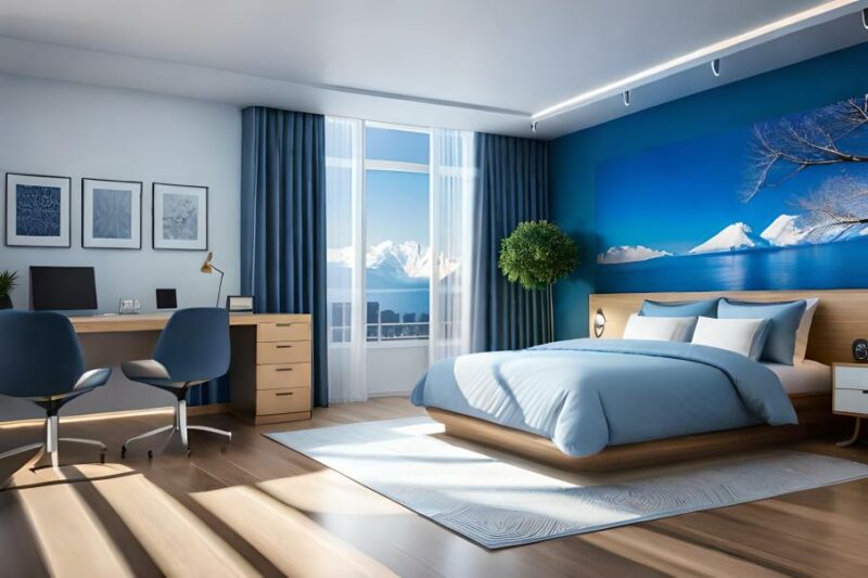 Schlafzimmer mit blauen und weißen Farbtönen, repräsentiert Feng Shui Farben des Winters