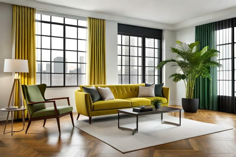 Wohnzimmer mit grünem Sofa und gelben Akzenten, repräsentiert Feng Shui Farben des Frühlings
