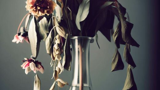 Verwelkende Blumen in Vase - Symbol für negative Energie und Vergänglichkeit.