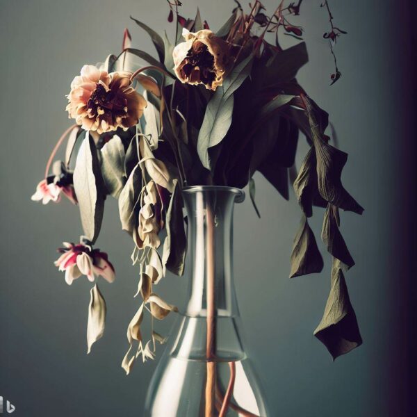 Verwelkende Blumen in Vase - Symbol für negative Energie und Vergänglichkeit.