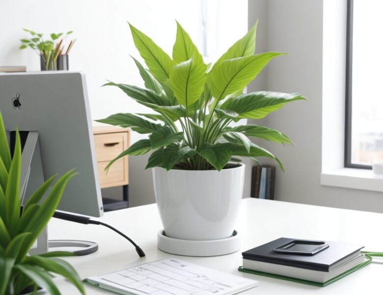 Frische grüne Pflanze auf einem Bürotisch, Beispiel für Feng Shui Farben und Dekorationen