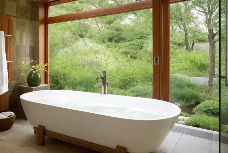 Feng Shui Badezimmer mit Naturstein, freistehender Badewanne und Kerzen, betonend Entspannung und Erneuerung.