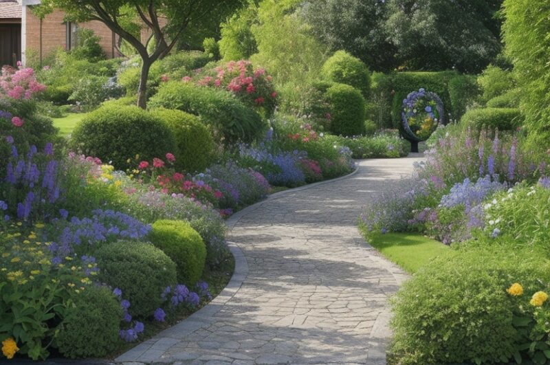 Gartenweg mit Blumen führt zum Hauseingang, gestaltet nach Feng Shui Prinzipien.