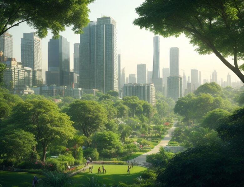 Grüner Park vor städtischer Kulisse zeigt die Beziehung zwischen Mensch und Natur.
