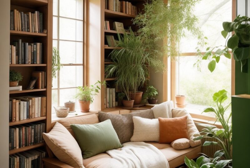 Feng Shui Lesebereich am Fenster mit erdigen Kissen, Bücherregal und Zimmerpflanze für Komfort und Wissen.