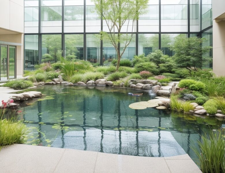 Büro Außenumgebung im Feng Shui: Ruhiger Teich neben Büroeingang bringt Gelassenheit und Frische.