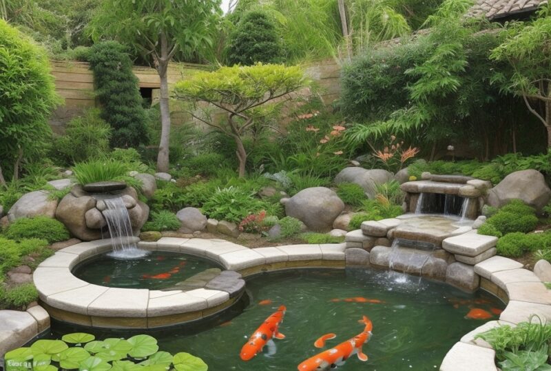 Garten mit Koi-Teich, der die Schönheit von Feng Shui im Hausdesign hervorhebt.
