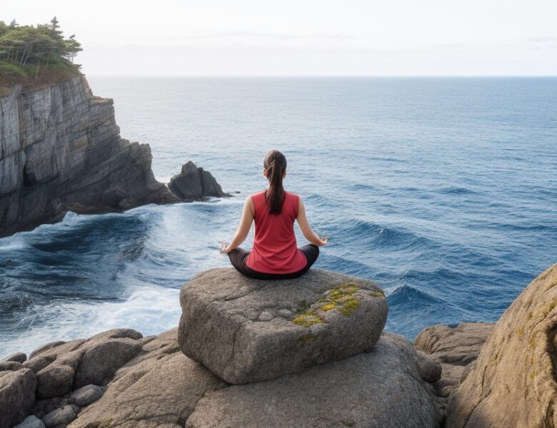 Frau meditiert an der Küste, tiefe Beziehung zwischen Mensch und Ozean-Natur.



