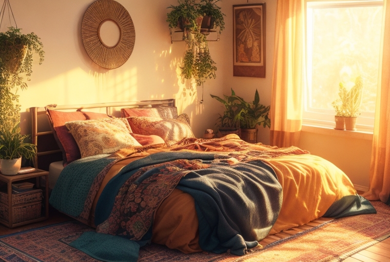 Boho Feng Shui Schlafzimmer Layout mit Pflanzen und farbenfrohen Tapisserien