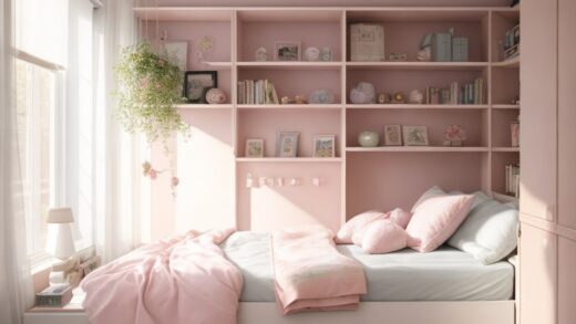 Kompaktes Feng Shui Schlafzimmer mit Wandregalen und Pastellfarben