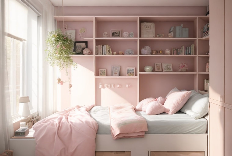 Kompaktes Feng Shui Schlafzimmer mit Wandregalen und Pastellfarben