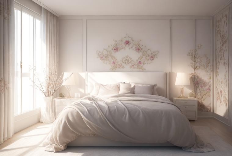Feng Shui Schlafzimmer mit zentral platziertem Bett und beruhigenden Farben.