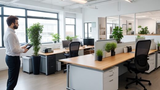 Feng shui Büro mit Ausgeglichener Schreibtisch mit Pflanzen, Indoor-Brunnen und Salzlampe. Produktivität im Fokus.
