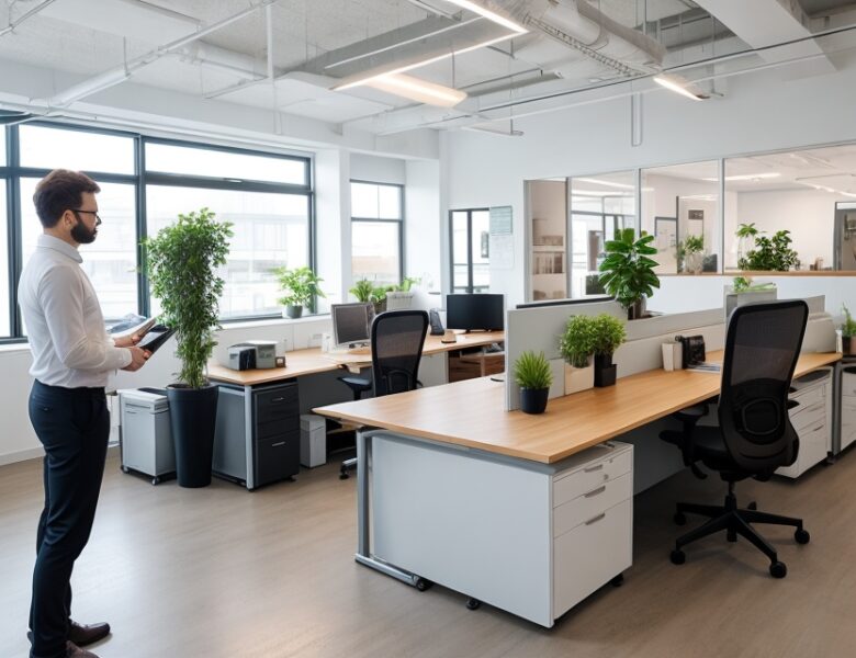 Harmonisches Arbeitsumfeld: Ausgeglichener Schreibtisch mit Pflanzen, Indoor-Brunnen und Salzlampe. Produktivität im Fokus.
