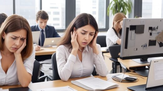 Stressindikatoren: Menschen gestresst in Arbeitsumgebung, Feng Shui-Störungen im Büro.