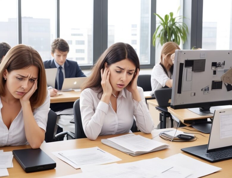 Stressindikatoren: Menschen gestresst in Arbeitsumgebung, Feng Shui-Störungen im Büro.