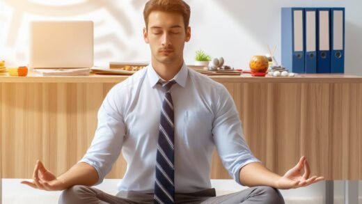 Mann meditiert in kleinem Büro, das nach Feng Shui-Prinzipien gestaltet ist.