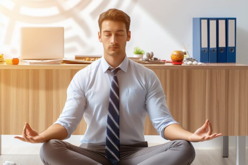 Mann meditiert in kleinem Büro, das nach Feng Shui-Prinzipien gestaltet ist. 